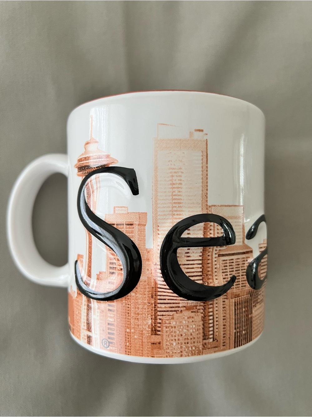 Seattle The Emerald City White and Tan Large Ceramic Cityscape Mug